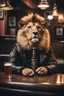 Placeholder: photo of a lion dressed Diesel punk outfit sitting at a table in a bar with a bar stools, bottle beer, award winning photography, Elke vogelsang, bosozoku outfit, award winner photo
