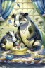 Placeholder: (fairy tale badger adult and little badger junior, animal by Monge)) an insanely beautiful smiling badger, extremely fine detailed fluffy fur, shining smiling eyes very well shabby chick dressed is baking a birthday cake with many light candles together with the smiling little badger, fine detailed fluffy fur, shining eyes shabby chick dressed in his kitchen with many pots: Background kitchen as in a cave, anatomically correct, flawless, full body shot, complete figure, by Monge, by Potter, by D
