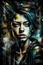 Placeholder: A ultra realistic poster of a beautiful girl , having word sign as “street art ”, by Daniel Castan Carne Griffiths Andreas Lie Russ Mills Leonid Afremov, black background, fine lines draw, smile