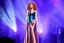 Placeholder: full figure, red curly hair upswept gorgeous singer on a stage in front of a microphone, sleeveless rose gold shiny silk long dress, the dress goes down to bluish green, photorealistic watercolour