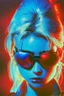 Placeholder: Photo of a beautiful, half broken blonde female Terminator, with dark sun glasses, bright red eye, Hollywood movie poster style, atmospheric blue light night time, high contrast dark moody lighting.