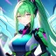 Placeholder: Clear focus, 8k, girl, high quality, detailed, green long ponytail hair, white eyes, beautiful lighting, vibrant colors, mech outfit