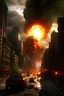 Placeholder: Create visuals of explosions and gunfire erupting amidst the cityscape, conveying a sense of chaos and danger.