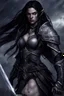 Placeholder: SA female elf with skin the color of storm clouds, deep grey, stands ready for battle. Her long black hair flows behind her like a shadow, while her eyes gleam with a fierce silver light. Despite the grim set of her mouth, there's a undeniable beauty in her fierce countenance. She's been in a fight, evidenced by the ragged state of her leather armor and the red cape that's seen better days, edges frayed and torn. In her hands, she grips two daggers, add dark shadow mystic purple flames