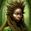 Placeholder: Renaissance style. Watercolour Painting. the face of A young black woman. A wood nymph emerging from the forest. Her hair looks like vines. leaves and gnarled branches extending past face and morphing into reality, Dreadlocs. Her skin is the colour of dark soil. Her skin looks like tree bark. Her clothing is made of vines, grass and leaves.