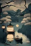 Placeholder: Somber Japanese garden with Chinese lanterns, and a river with an empty boat, in the style of art deco