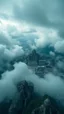 Placeholder: Top view zoomed in to the city of Atlantis , very high , stormy, clouds