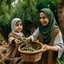 Placeholder: A mother wearing a hijab picks olives from the tree, and a son holds the basket sideways and is happy