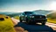 Placeholder: black Cross between Ford mustang and dodge ram, on a road of green hills in morning, clear blue sky, shining sun rear view