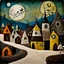 Placeholder: Folk art photograph, Nightmare before Christmas made of felt, village, Max Ernst, neutral natural colors, mixed media