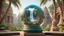 Placeholder: Glass globe encircled temple india khajuraho jungle palms and waterfall, symbolizing nature, environment, sustainability, ESG, and climate change awareness, generative ai