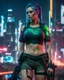 Placeholder: Sci-fi slim Ukrainian girl with big breasts in military t-shirt and shorts with slim trousers holding a sniper rifle with neon lights of Japan's cyberpunk night city in the background