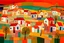 Placeholder: whimsical arafed nonsense, patchwork vibe, acrylic and ink painting of a cozy village main street on undulating hills, bright bold warm summer colors, color (((minimal))) sketches of village people with (((extremely long limbs))), (((oversize head))), sharp color contrasts, amazing shadows, (((exaggerated limbs and head))), minimal cozy, warm palette, color leak, sparse bright orange-red splinters, heavily distorted views, amazing parallels, amazing reflections