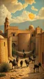 Placeholder: Hieronymus Bosch style , Morocco old Arabian castles with people and donkeys