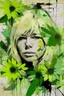 Placeholder: on old yellow, torn paper, gouache, double exposure, portrait of a woman, blonde with bangs, closed eyes, 45 years old, blots, splashes, newspaper scraps, chamomile flowers, pink petals, green leaves, branches, 8K