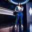 Placeholder: liminal space, blue and white, retrofuturism, empty stage,full body of very beautiful girl with pants and blouse and jacket , curvy hair ,standing idle pose in studio pretty makeup,perfect face,sport shoes