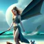 Placeholder: beach with boat, portrait of levitating fair girl with bat wings and dog, fantasy art, movie poster