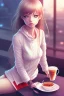 Placeholder: girl sitting in a cafe, anime, perfect anatomy