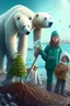 Placeholder: Una niña, un niño y un oso polar se unen a otros animales y personas para plantar árboles, limpiar la basura y usar energía renovable