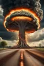 Placeholder: nuclear explosion's mushroom cloud that looks like a tree, with energy lines radiating outward but behind, many leaves falling in foreground, ground is dirt and scorched with a road coming down the middle towards viewer, angelic fantastic lighting