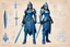 Placeholder: ConceptSheet blueprint [illustration by Angus McBride] female water paladin Loadout Concept: helmet, armour, and weapons with their blueprint: zweihander sword, and all the package of a knight