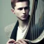 Placeholder: young man with harp, sweater, playing music