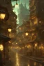 Placeholder: Fantasy city rich street, moist from rain, lots of francy shops and rich people. Fancy streetlight