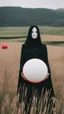 Placeholder: a no face woman with mask standing in a field holding red ball, inspired by Ren Hang, design milk, long black hair, whites, wanderers traveling from afar, trending on artisation, cloning spell, coat pleats, in twin peaks, submarine, by Helen Thomas Dranga, symetry, round-cropped, noire photo