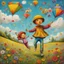 Placeholder: by Os Gemeos, Enthusiastic adorable Boy and girl flying kites in a grassy meadow, kinetic, wildflowers, perfect composition, vivid colors, artistic patterns, gorgeous, subtleties beneath the surface, detailed background, moody