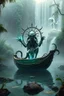 Placeholder: action figure of a crucified alien necrophyte electric eel necromancer on round swamp transparent glass obcidian boat beholder eye wheel throne in a charged foggy jungle waterfall