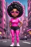 Placeholder: create an airbrush illustration of a chibi cartoon voluptuous black female. Wearing a hot pink t-shirt and tight black jeans with hot pink Nike sneakers. Prominent make up with hazel eyes and she is wearing pink glasses. Extremely Highly detail of a very low platinum shiny black pixie haircut. Background of a busy city street.