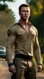 Placeholder: chris evans as a handsome muscular sheriff wearing a long sleeved khaki shirt, short hair, standing by the roadside, trees in the background. photorealistic. 4k. urban fantasy