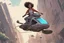 Placeholder: young woman astride a large hoverbike, with no wheels, floating on an alien street