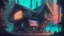 Placeholder: Wooden Cabin In futuristic cyberpunk city, comic style