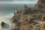 Placeholder: low-angle shot of a Craggy cliffside overlooking a sandy beach, fantasy, mystical, town in the horizon