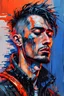 Placeholder: a portrait of a skinny cyberpunk man with her eyes closed and having a headache, acrylic and ink tint leak, epic vibrant, wlop : :, raggae art, detailed heavy impasto, dull pastel colors of orange and red and black, wavy cobalt blue streak glitches