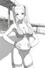 Placeholder: slim girl in bikini with blonde hair and two pigtails, manga style, cool pose, greyscale