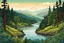 Placeholder: a cartoon illustration of a lush Pacific Northwest forested river valley landscape in the pale light of dawn, in the cartoon style of Lynda Barry , vibrant natural colors, , museum quality masterpiece