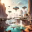 Placeholder: In this futuristic scene, houses are perched on levitating stones, interconnected by suspended bridges. The ethereal setting combines the architectural charm of floating homes with the structural elegance of hanging bridges, creating a harmonious blend of innovation and fantasy. Including Watherfalls. The Scene are in the desert. Flight objects in the sky