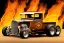 Placeholder: a customized 1930 ford model a pickup, roof chopped, lowered, wide dragster wheels, no spare tire, vertical truck exhaust pipes behind the cabin, with flames coming out of them, twin-tone colouring, centered, intricate, extreme detailed, photorealism, center view, stylized random background, pivot on ford, pen and color marker painting by cheryl kelley