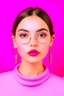 Placeholder: Very pretty girl behind a plain pink background with braided hair wearing glasses and earring