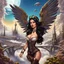 Placeholder: exotic sci-fi steampunk pin-up girl, with long dark hair and wings, on an alien planet with cloud trees, tall spires, buildings, bridges, arches