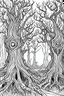 Placeholder: A creepy forest with gnarled trees, glowing eyes peeking through the darkness.. Outline, sketch style, only use outline, mandala style, clean line art, white background, no shadows, no clear wall, coloring page.