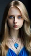 Placeholder: bleu dress , Age 22, girl, white Complexion, light brown eyes, almond eyes shape, long hair, blonde silky hair, square face, button nose,bleu evil eye necklace