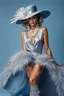 Placeholder: full body beautiful girl, elegant silver,lace clothes of the 80s, luxury style, small elegant hat with feather, hair of the 80s, pearl necklace, earrings masterful, beautiful face,blue backdrop