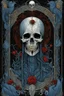 Placeholder: tarot card, tarot card text "DEATH", tarot card borders and border flourishes, styled by Dave Mckean and Kay Nielson and Tomasz Setowski, hyperdetailed, black background, eerie, magical effects, projected surreal images, smooth, crimson and midnight_blue, trending on Artstation, 8k, morbid, text "DEATH".