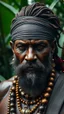 Placeholder: ultra HD shot of a strong pirate of the Caribbean man , textured copper skin, tribal jewelry, large, Background of the figure in a jungle environment.