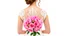 Placeholder: Back view of a bride in a white wedding dress with his face turned to the front in a bust with a bouquet of pink roses in his hands on a white background