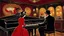 Placeholder: in a 1960s American jazz pub a man in hat and dark suit playing the piano in the foreground , next to the piano singing a beautiful elegantly woman in a red dress . The atmosphere is warm happy and intimate, with soft, golden lights casting a glow over the wooden tables and chairs. Guests in retro attire enjoy their drinks and cigarette smoke gently swirls in the air. The intricate details and sharp focus , photorealistic