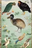 Placeholder: John James Audubon-like illustration of a fully uncropped Dodo bird and a Platypus in a landscape of warm yellows, warm reds, and warm blues